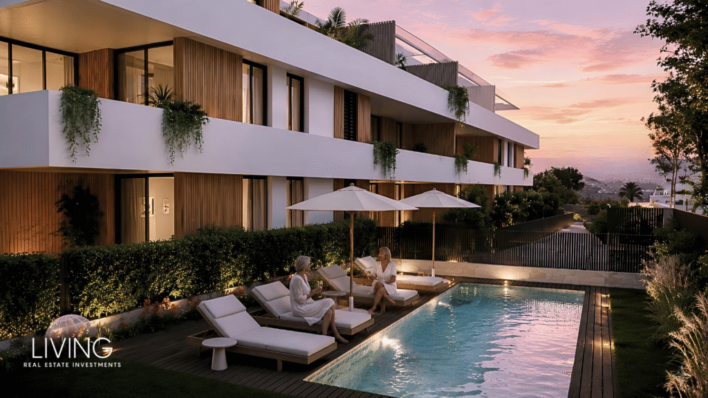 Exterior piscina atardecer